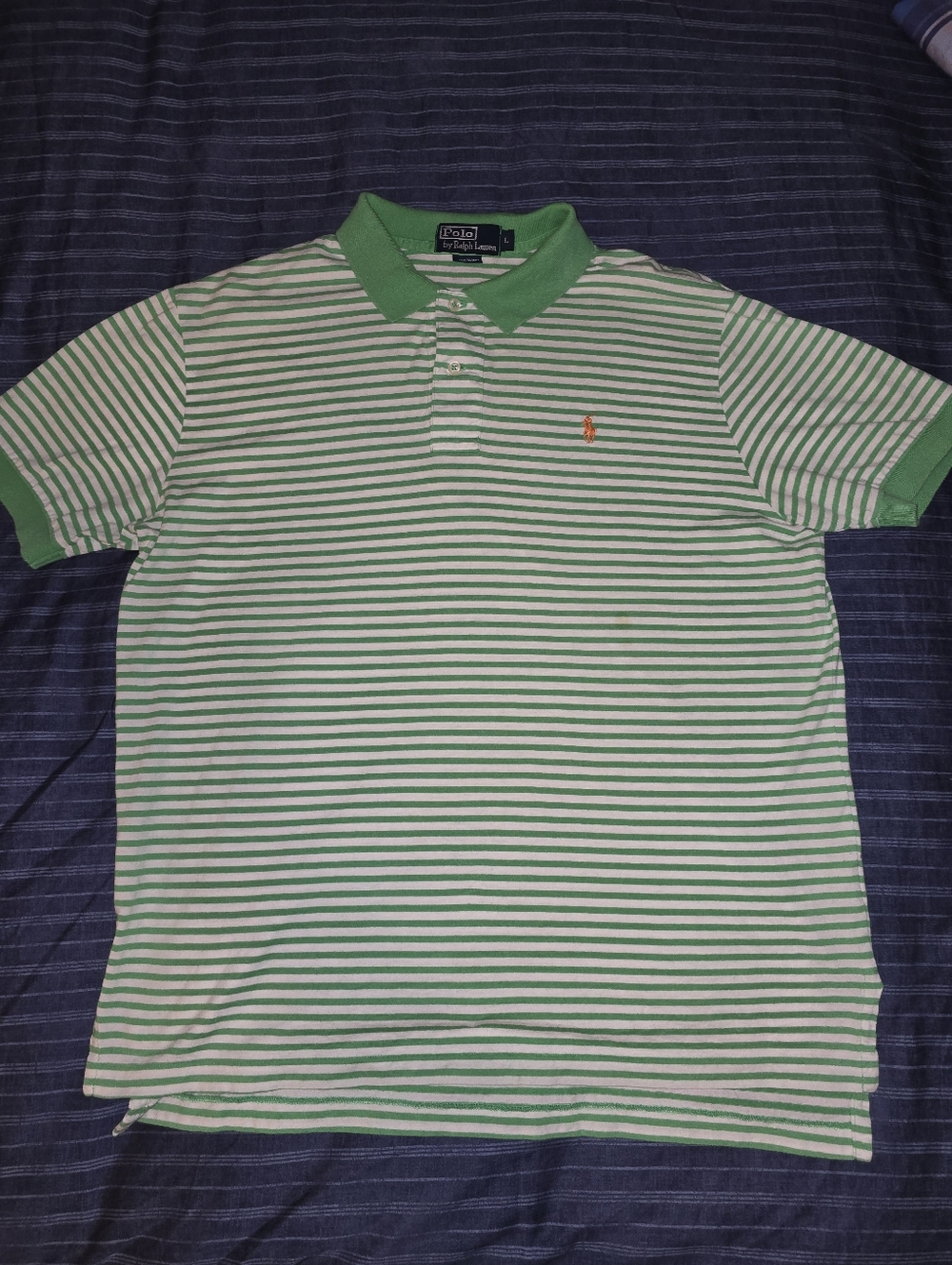 L - Polo by Ralph Lauren Green & White Striped Polo with Orange Pony.(Pristine)